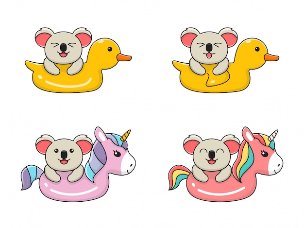 Lindo anillo de natación Koala con unicornio y pato