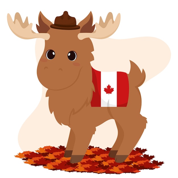 Lindo animal alce con sombrero de guardabosques y una bandera de Canadá ilustración vectorial