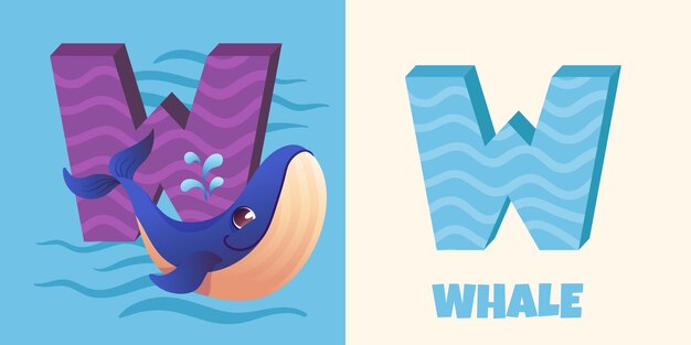 Lindo animal alfabeto serie de letras AZ para niños personaje de dibujos animados vectorial de ballena para la letra W