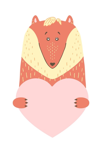 Lindo animal de dibujos animados tiene un signo de corazón con espacio de copia establecido tarjeta de felicitación del día de san valentín banner invitación folleto folleto estilo dibujado a mano de dibujos animados Pequeños animales mascotas enamoradas declaración de amor