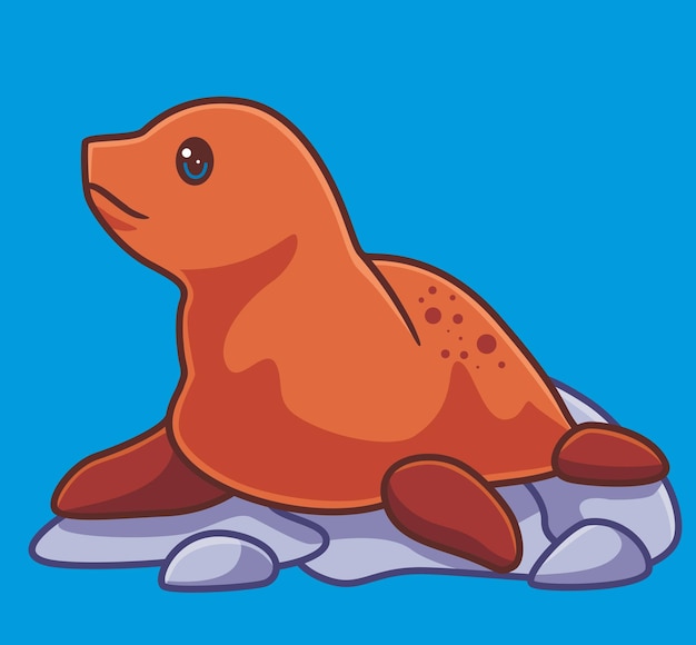 Vector lindo animal de foca en el suelo con piedra aislada ilustración animal de dibujos animados estilo plano pegatina