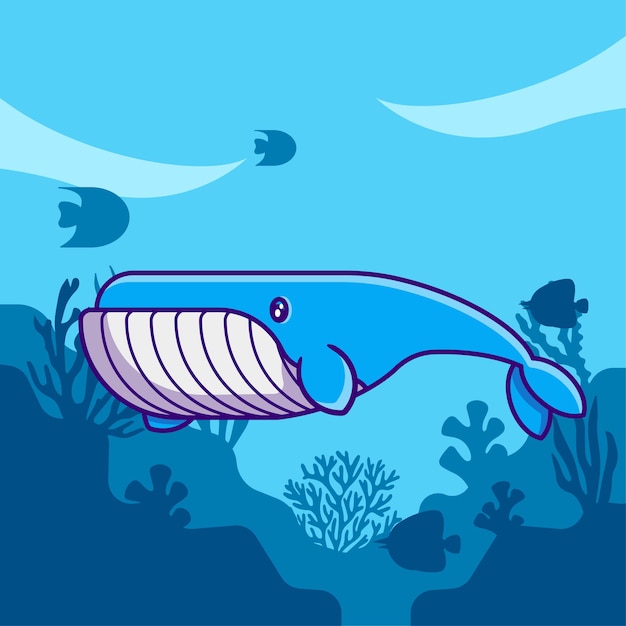 Vector lindo animal marino ballena azul en el océano ilustración de dibujos animados