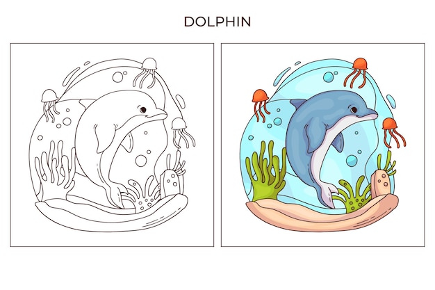 Lindo animal marino dibujado a mano para colorear página Delfín