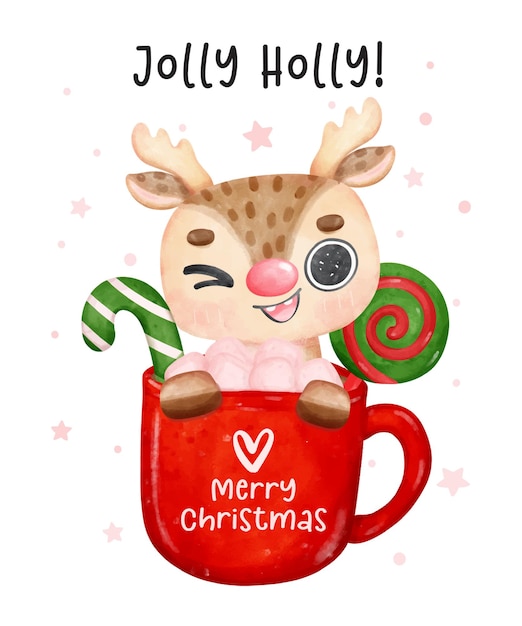 Lindo animal de renos de Navidad alegre en taza de chocolate caliente Happy Holiday dibujos animados animal personaje acuarela dibujo a mano ilustración vectorial