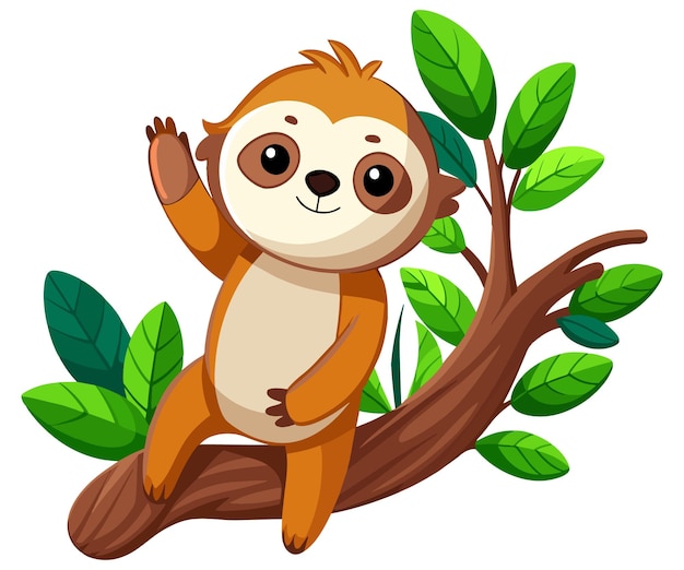 Lindo animal salvaje perezoso bebé perezoso sentado en una ilustración vectorial de la rama de un árbol