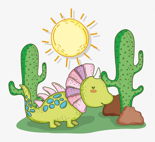 Lindo animal styracosaurus con cactus y sol