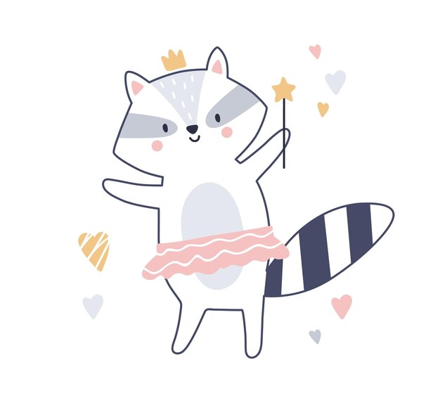 Lindo animalito de cuento de hadas con varita mágica, corona. Princesa mapache de hadas escandinava. Feliz adorable y dulce personaje de mapache. Ilustración vectorial plana infantil aislada sobre fondo blanco.