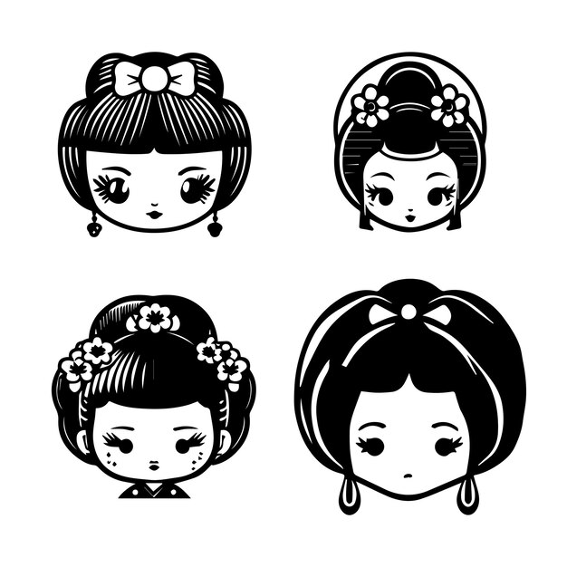 lindo anime japonés geisha cabeza kawaii colección conjunto dibujado a mano ilustración