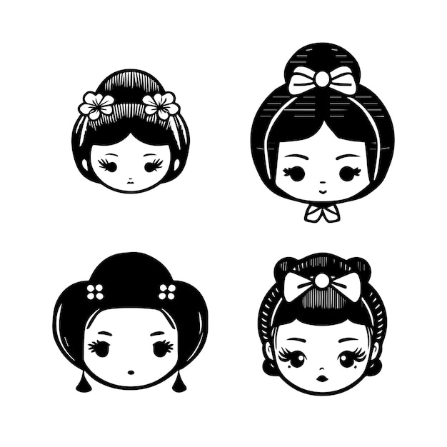 lindo anime japonés geisha cabeza kawaii colección conjunto dibujado a mano ilustración