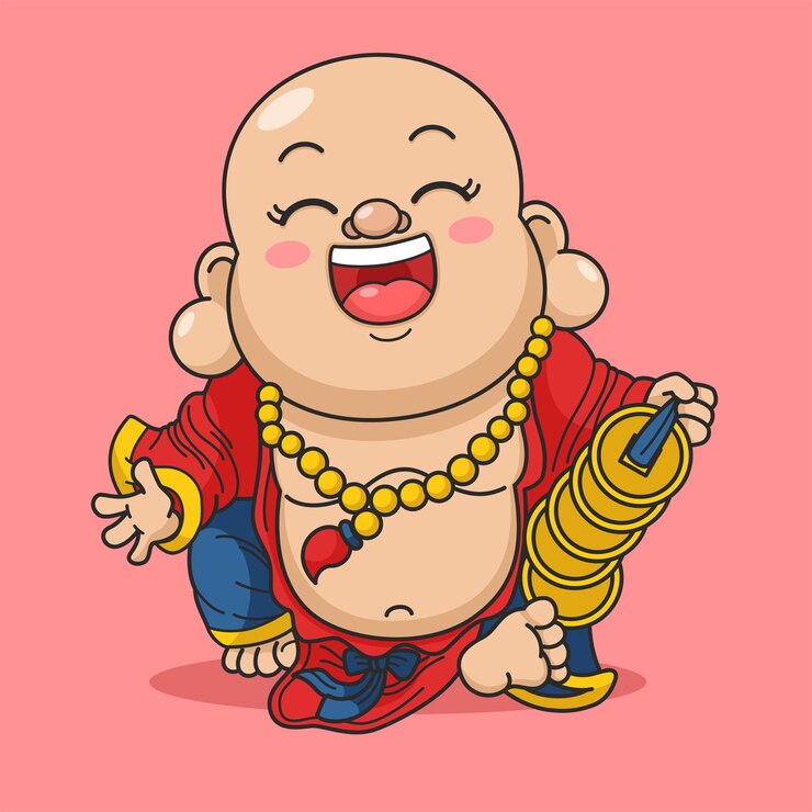 Vector lindo año nuevo chino fortuna dios riendo buda sosteniendo monedas oro