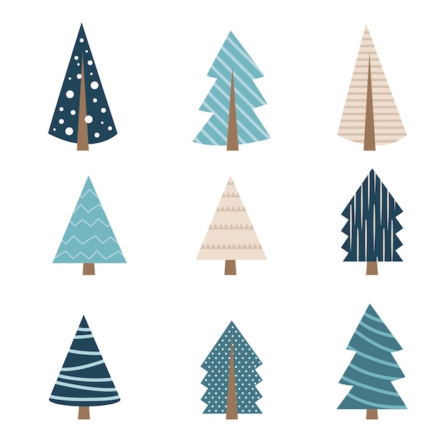 Lindo árbol de Navidad azul de diferente forma. Colección de árbol de Navidad para decoración de tarjetas de felicitación o diseño de logotipos. Vector plano aislado