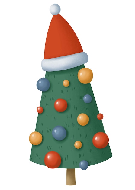 Vector lindo árbol de navidad de dibujos animados con sombrero de papá noel y decorado con coloridas bolas de navidad