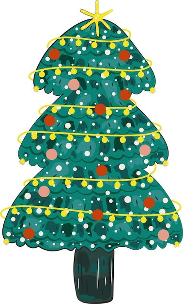 Lindo árbol de Navidad feliz con nieve tarjeta ilustración elemento gráfico arte