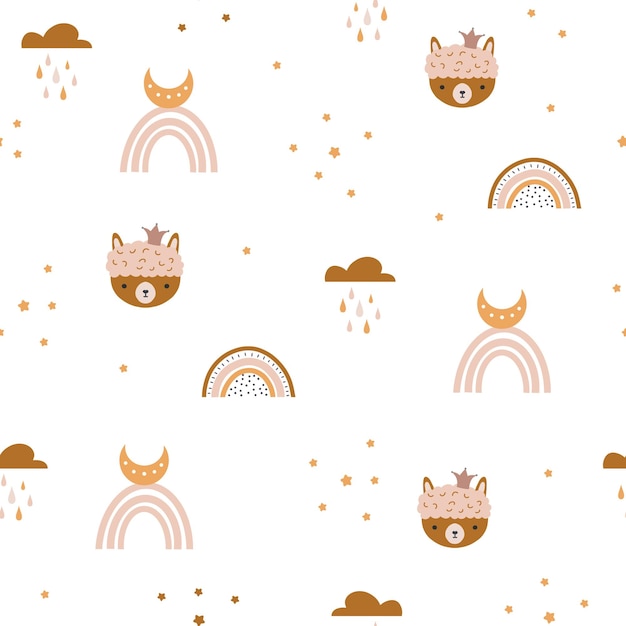 Lindo arco iris boho y cara de llama de patrones sin fisuras Impresión infantil creativa para envolver tela papel tapiz textil Vector papel digital