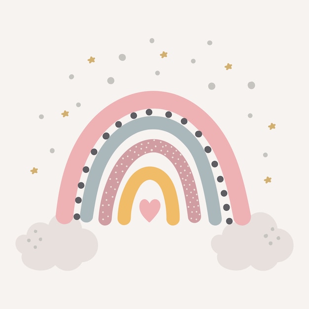 Vector lindo arco iris de colores con gotas y corazón aislado.