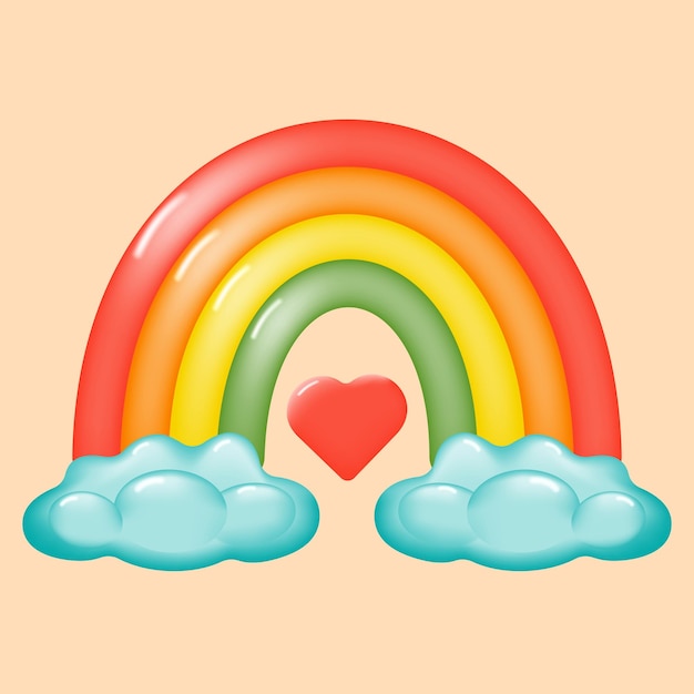 Lindo arco iris de dibujos animados en 3d con nubes y un corazón sobre un fondo beige. fondo brillante