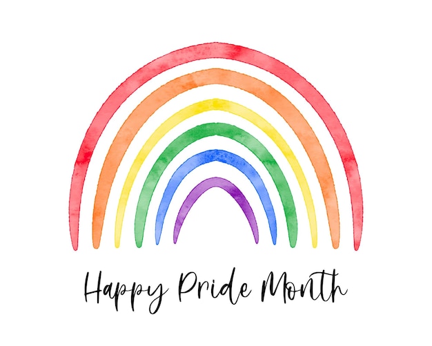 Lindo arco iris con textura de acuarela Símbolo de color de la bandera del orgullo LGBT Texto del Mes del Orgullo Feliz