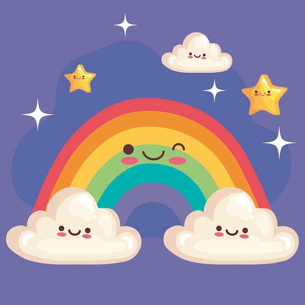 Lindo arcoiris con estrellas y nubes personajes kawaii