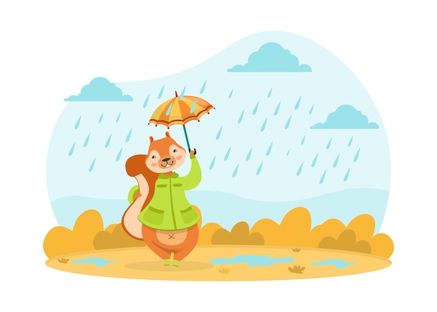 Lindo ardilla caminando con paraguas bajo la lluvia Adorable personaje animal salvaje en el paisaje de otoño Ilustración vectorial de dibujos animados
