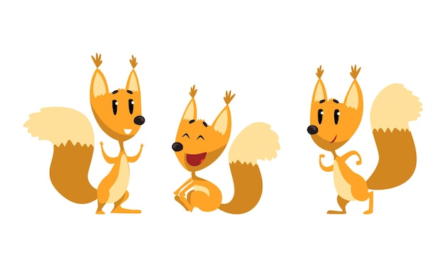 Lindo ardilla feliz haciendo diferentes actividades Conjunto gracioso fluffy rojo animal salvaje Ilustración vectorial
