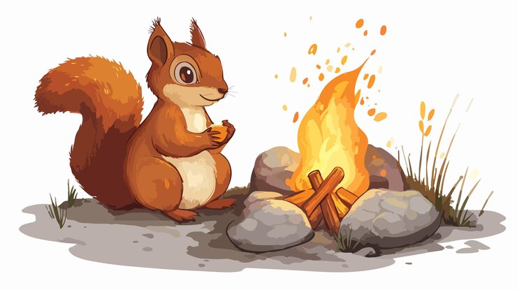Vector lindo ardilla en el fuego de campamento ilustración vectorial en fondo blanco