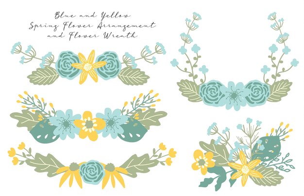 un lindo arreglo floral de primavera azul y amarillo dibujado a mano y una corona