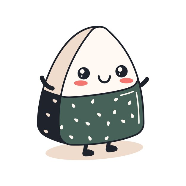 Lindo arroz onigiri comida japonesa personaje de dibujos animados envuelto en algas Nori con expresión de sonrisa