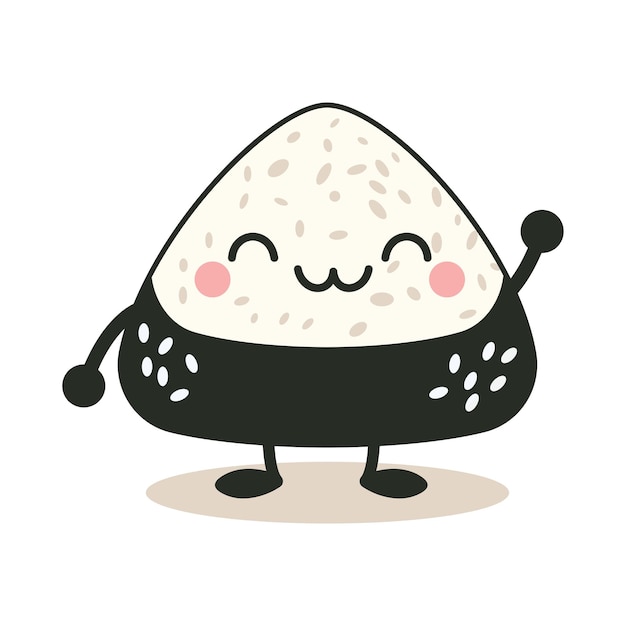 Lindo arroz onigiri comida japonesa personaje de dibujos animados envuelto en algas Nori con expresión de sonrisa