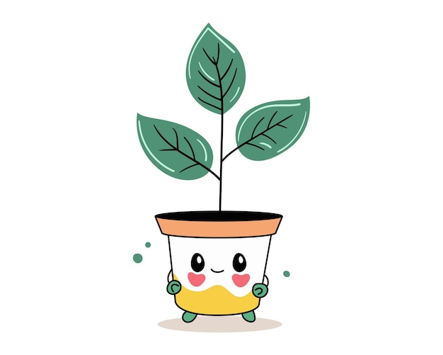 Lindo arte vectorial de plantas de interior Kawaii caras en olla de flores con planta Estilo de dibujos animados para imprimir
