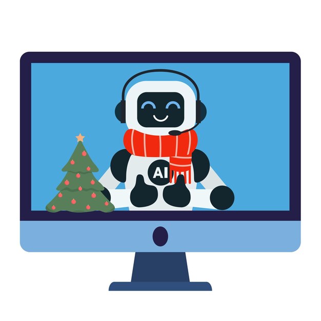 El lindo asistente robot de chat con bufanda roja y con árbol de Navidad muestra el pulgar hacia arriba para el cliente