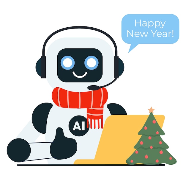 El lindo asistente robot de chat con bufanda roja y con árbol de Navidad y portátil amarillo muestra el pulgar hacia arriba
