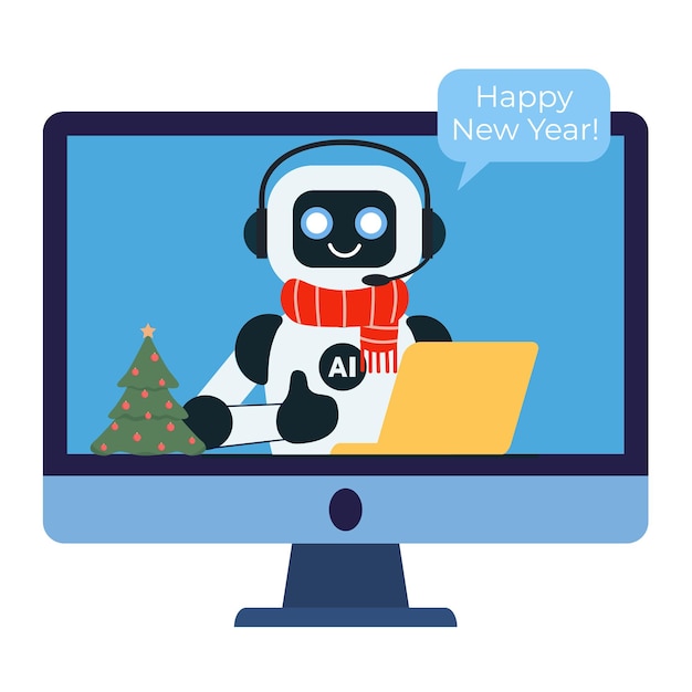 El lindo asistente robot de chat con bufanda roja y con árbol de Navidad y portátil amarillo muestra el pulgar hacia arriba