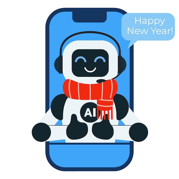El lindo asistente robot de chat con bufanda roja de Navidad muestra el pulgar hacia arriba para el soporte al cliente en el