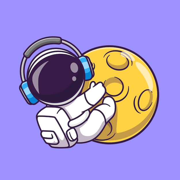 Lindo astronauta abrazo luna con auriculares dibujos animados Vector icono ilustración ciencia tecnología icono