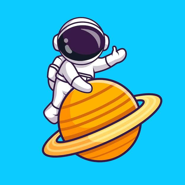 Vector lindo astronauta agitando la mano en el planeta dibujos animados vector icono ilustración ciencia tecnología aislada