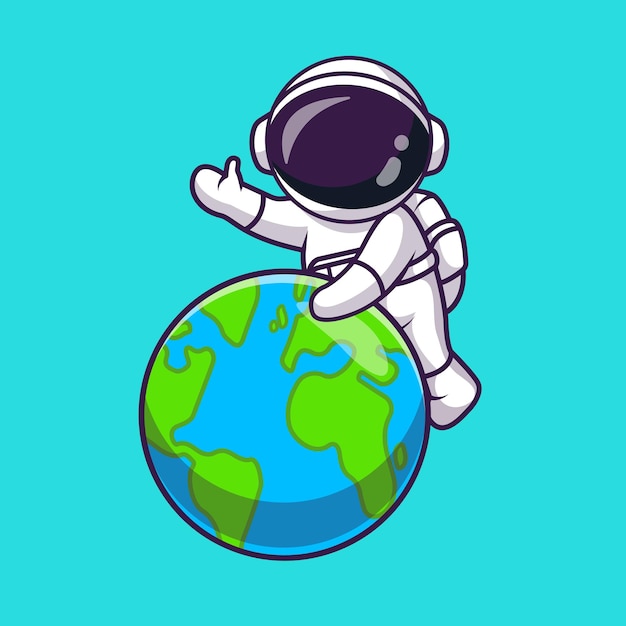 Lindo astronauta agitando la mano en la tierra dibujos animados vector icono ilustración ciencia tecnología aislada