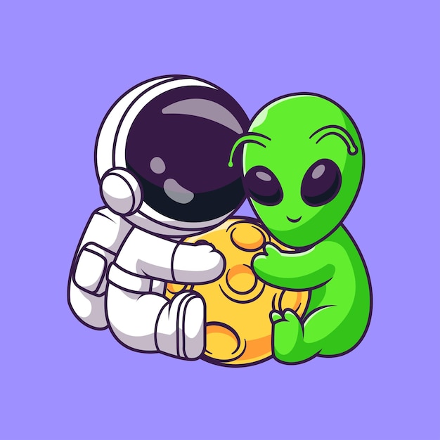 Lindo astronauta y Alien Hug Moon Cartoon Vector Icon Illustration. ciencia, tecnología, aislado, plano