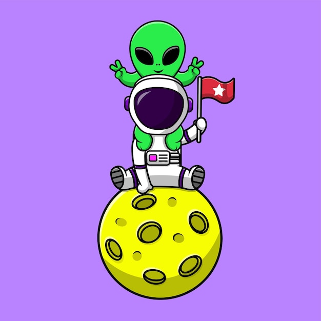 Lindo astronauta con alienígena en la luna Dibujos animados Vector Icono Ilustración