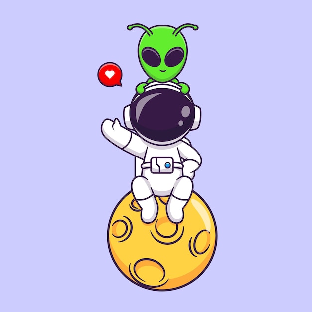 Vector lindo astronauta con alienígena sentado en la luna dibujos animados vector icono ilustración ciencia tecnología icono