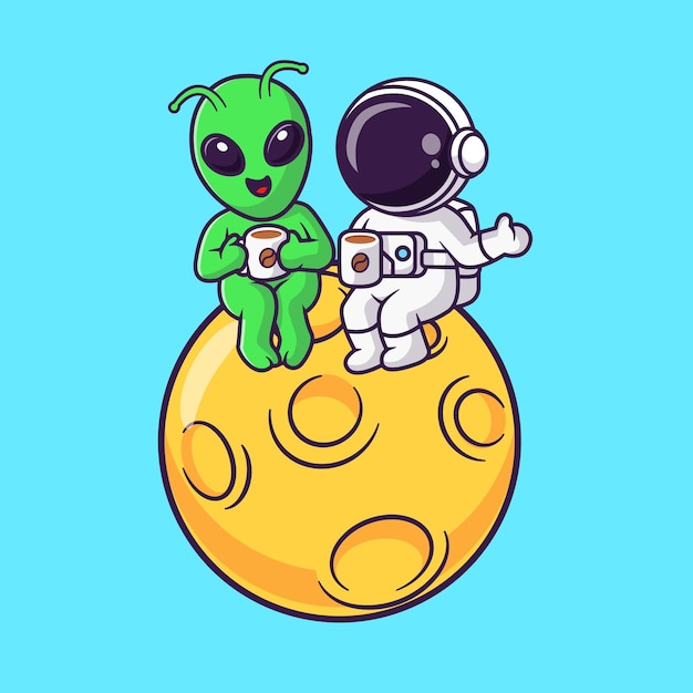Lindo astronauta con café de bebida alienígena en la ilustración de icono de vector de dibujos animados de luna. Tecnología científica
