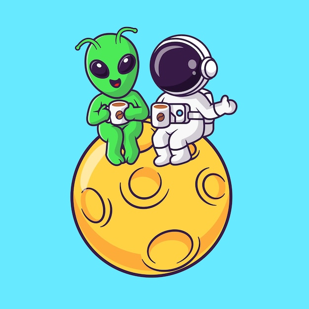 Lindo astronauta con café de bebida alienígena en la ilustración de icono de vector de dibujos animados de luna. Tecnología científica