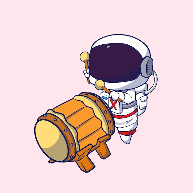 Lindo astronauta de dibujos animados golpeando el tambor para la ilustración de eid alFitr eid Mubarak