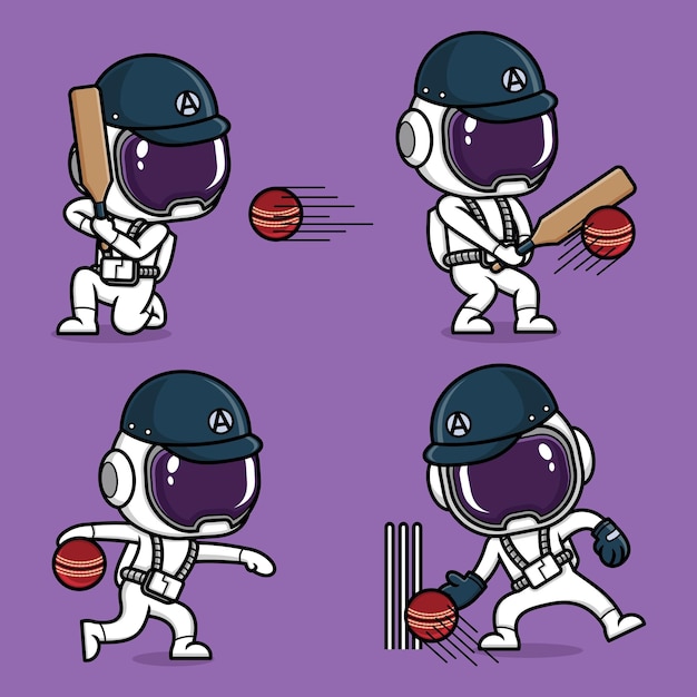 lindo astronauta de dibujos animados jugando cricket sport set colección