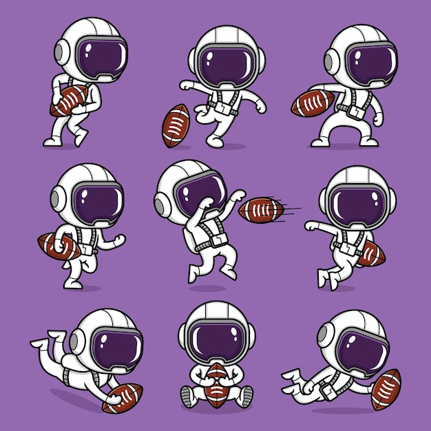 lindo astronauta de dibujos animados jugando rugby set colección