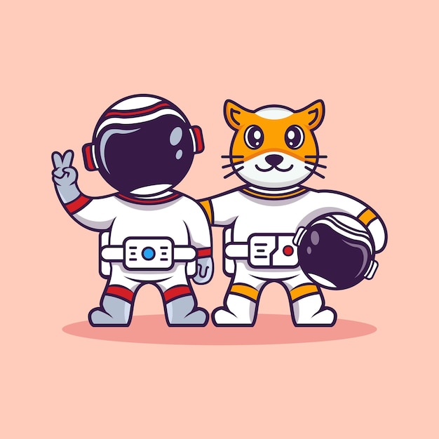 Lindo astronauta de dibujos animados en la luna con ilustración de vector de cohete