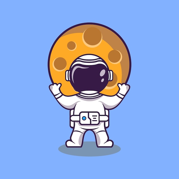 Lindo astronauta de dibujos animados en la luna con ilustración de vector de cohete