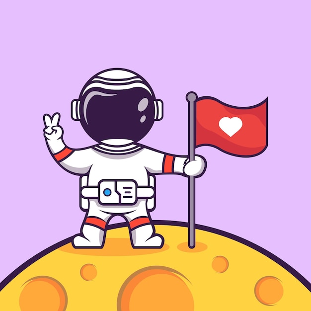 Vector lindo astronauta de dibujos animados en la luna con ilustración de vector de cohete