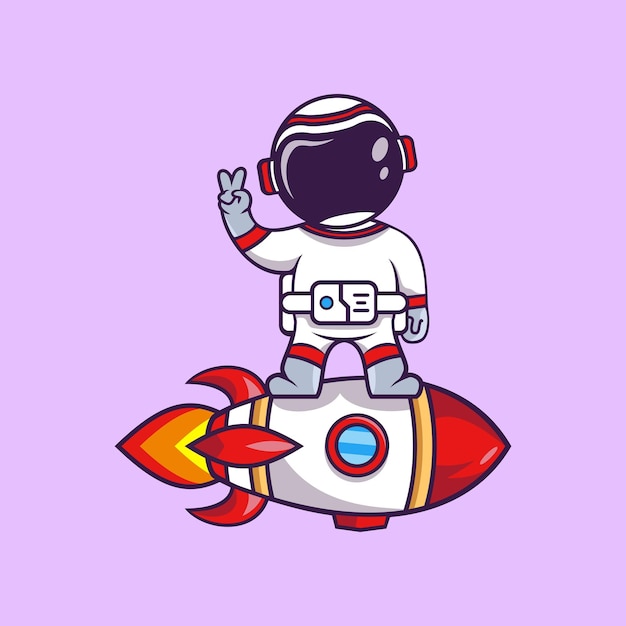 Lindo astronauta de dibujos animados en la luna con ilustración de vector de cohete