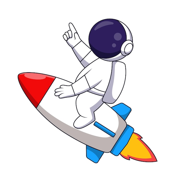 Lindo astronauta de dibujos animados montando un cohete. ilustración vectorial