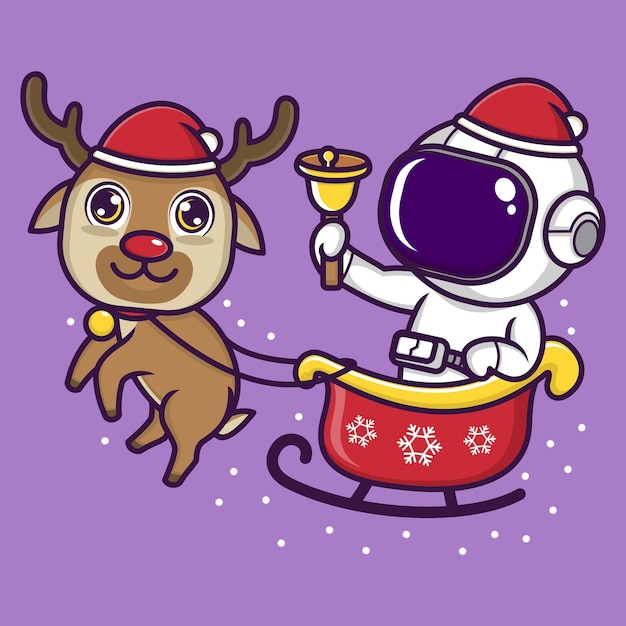 Lindo astronauta de dibujos animados con renos de navidad